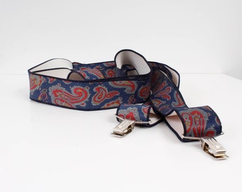 Vintage Rubber Braces Blue Red Ornamented Mens Adjustable Suspenders Hippie Braces