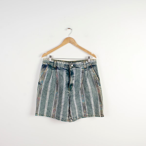 90s Vintage Women Denim Shorts High Waist Shorts Striped Denim Light Blue Beach High Waist 90s Style Boho Shorts