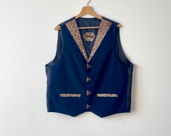 Navy Blue Vests Leather Collar Colorblock  Whipstitch Construction Vest Cowboy Country Side Folk Vest Texas Unisex Vest Wild West Style Vest