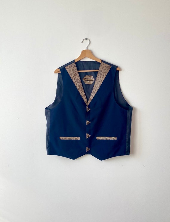Navy Blue Vests Leather Collar Colorblock  Whipst… - image 1