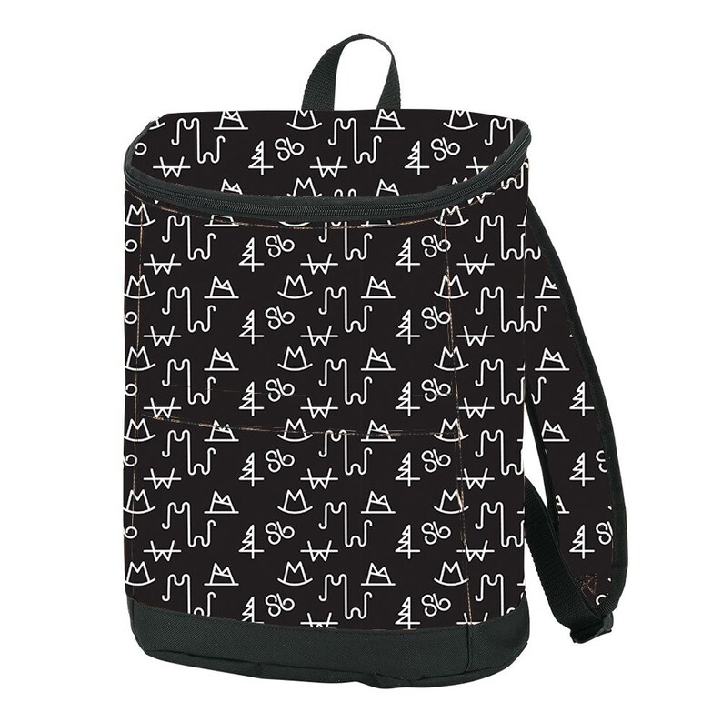 May include: Black backpack with a white pattern of mountains, trees, and a symbol that looks like a cowboy hat. The pattern is repeated all over the backpack.