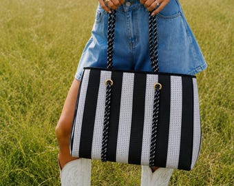 Black Striped Large Tote Bag