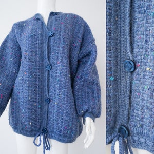 Vintage Hand Woven Blue Wool Sweater - Rainbow Details