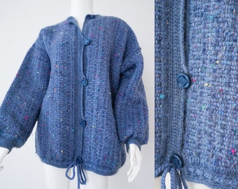 Vintage Hand Woven Blue Wool Sweater - Rainbow Details