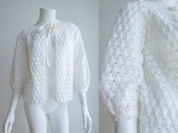 Vintage Open Front Crochet Cardigan White