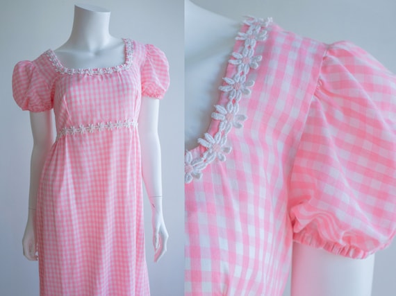 Vintage Pink Gingham Maxi Puff Sleeve Dress with D