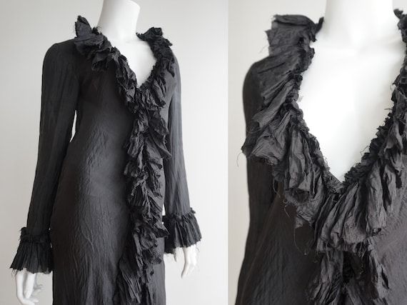Black Raw Cut 100% Silk Ruffle Robe / Housecoat -
