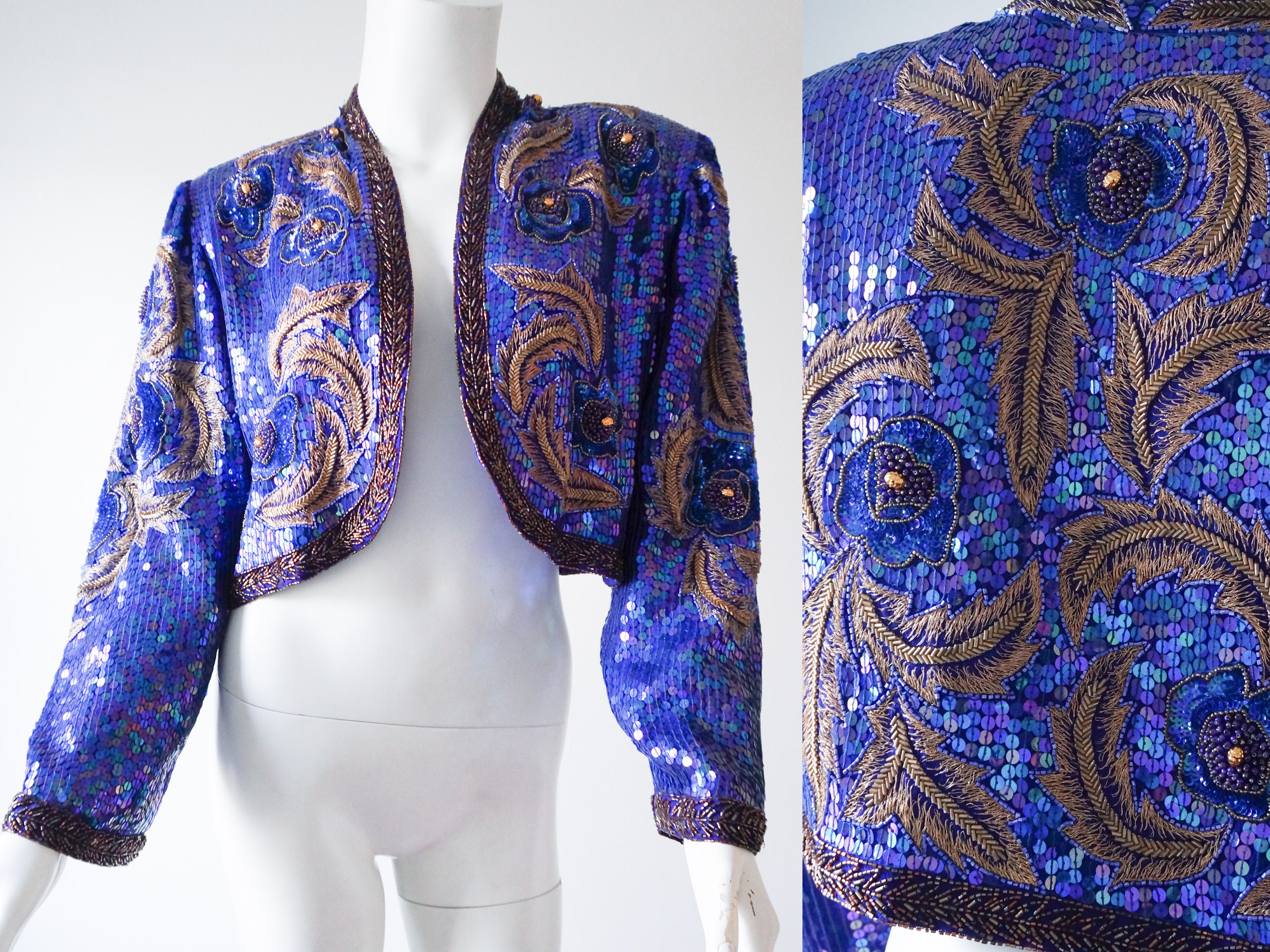 Vintage 1980s Blue Beaded Cropped Jacket