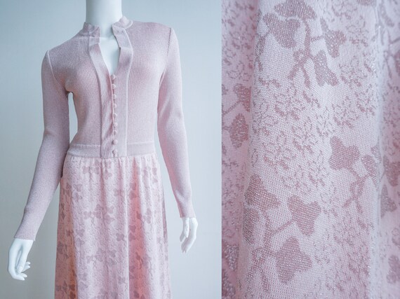 Vintage Pastel Pink Lurex Maxi Dress / Floral Lure