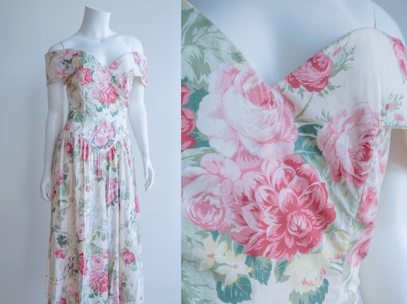 80s Off the Shoulder Garden Party Floral Dress