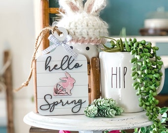 Hello Spring sign / Easter Decor / Tiered Tray Decor / Farmhouse Decor / Spring decor / Tray sign / cutting board