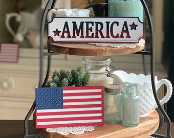 Handcrafted American Flag & 'America' Sign: Patriotic Tiered Tray Decor