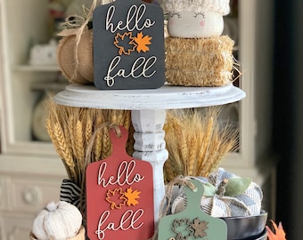 Fall Tiered Tray Decor: Hello Fall Mini Wood Cutting Board