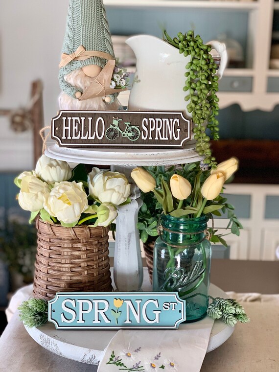 Hello Spring sign / Spring decor / Spring sign / tiered tray decor / tray signs / Tray decor