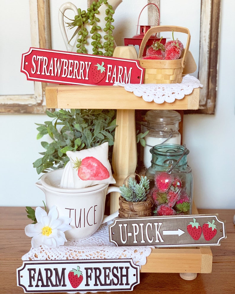 Strawberry signs / Summer decor / Summer sign / tiered tray decor / tray signs / Tray decor / Fresh Strawberries / Strawberry Farm image 2