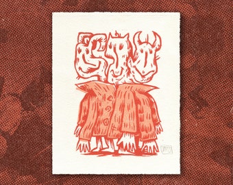 Three Headed Monster Block Print