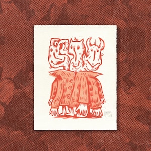 Three Headed Monster Block Print