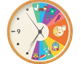May include: A round wooden clock with a cream-colored face and black hands. The clock face features a colorful segmented design illustrating a daily routine, including activities like getting dressed, eating breakfast, and going to school.
