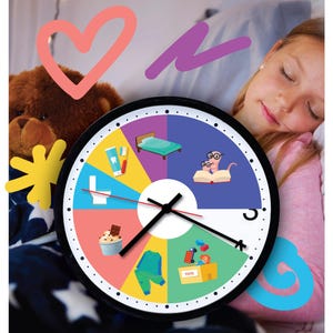 May include: A round wall clock with a black frame and a white face divided into colorful segments. Each segment features a daily activity icon, including a bed, a worm reading a book, a toy box, clothing, a dessert, and a toilet with toiletries.