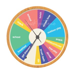 May include: A colorful, round clock with a wooden frame. The clock face is divided into segments labeled with daily activities like "school," "lunch," and "outdoor play." The clock hands are black, and the background is off-white.