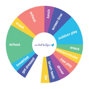 May include: A colorful circular chart with segments labeled for daily activities like school, snack, and outdoor play. The center features the text "one chick boutique" with a bird logo. The chart is designed to help organize a daily routine.