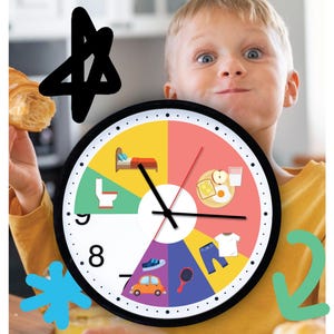 Puede incluir: Un reloj de pared redondo con marco negro y esfera blanca dividida en segmentos de colores. Cada segmento presenta un icono sencillo que representa actividades diarias, como una cama, un inodoro, desayuno, ropa, un cepillo para el pelo, un coche y zapatos.