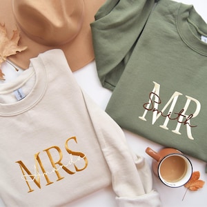 Custom Mrs Embroidered Sweatshirt, Future Mrs. and Mr. Hoodie, Couple&#39;s Gift, Date On Sleeve, Gift for Her, Newlywed Gifts, Bride Sweatshirt