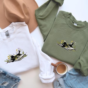 Embroidered Cat Sweatshirt: Floral Book Lover Hoodie