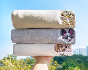 Custom Embroidered Dog Cat Portrait Sweatshirt | Personalized Pet Face Shirt | Pet Lovers Gift From Photo