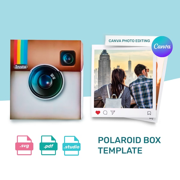 Polaroid box template and editable Polaroid photo in Canva. San valentine gift, gift for lover, couple gift, memory boxes.