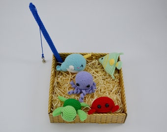 Magnetic fishing game, crochet fishing game, fishing set (5 pcs),  eco-friendly toy