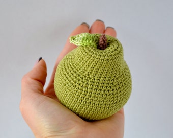 Crochet fruit plush pear for kids kitchen/baby rattle knit toy/cotton pear amigurumi, toddler soft play food (1 Pcs)