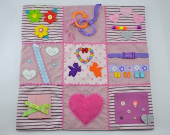 Roze fantasiespel fidget deken met bloemen, fidget quilt voor dementie, kinderfidgetmatten, Alzheimer cadeau, dementieproducten