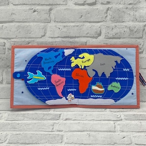 Tapete de juego de fieltro con mapa del mundo, libro de actividades de fieltro suave, página de libro con actividades para niños
