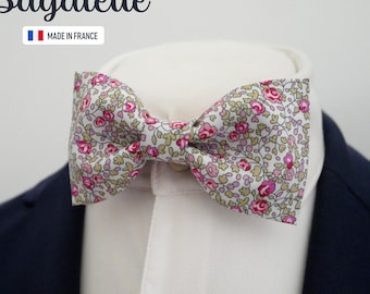 Pink and almond green bow tie, pink Liberty print bow tie, floral bow tie, Christmas gift for men, "Bagatelle" - Made in France