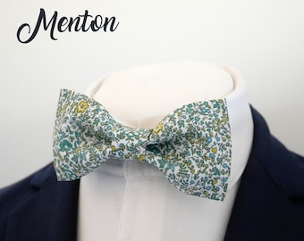 Green and Yellow bowtie "Menton" - Liberty bow tie with flowers - Wedding Bow tie - boho wedding