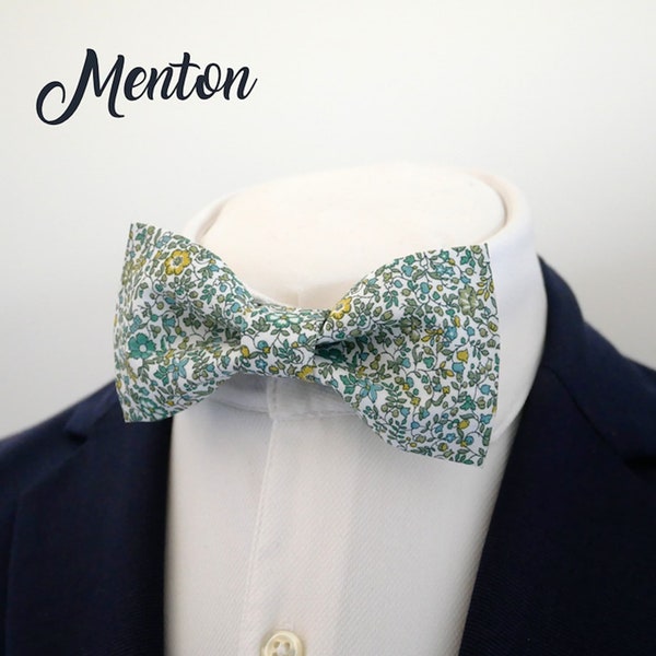 Green and Yellow bowtie "Menton" - Liberty bow tie with flowers - Wedding Bow tie - boho wedding