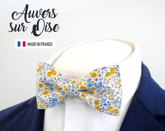 Noeud papillon jaune et bleu, motif liberty fleuri "Auvers", noeud papillon marié et témoins, noeud papillon père et fils, st valentin