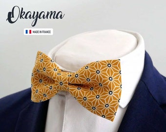 Yellow bow tie, Japanese pattern bow tie, bow tie for men and children, wedding bow tie - "Okayama"