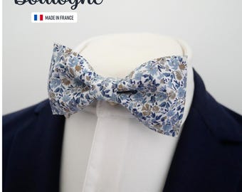 Muszka w kolorze niebiesko-szarym, muszka w kolorze niebiesko-szarym z nadrukiem Liberty w kwiaty, rustykalna muszka ślubna, "Boulogne"