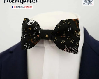Black bowtie with a musical pattern, made in France - "Memphis"