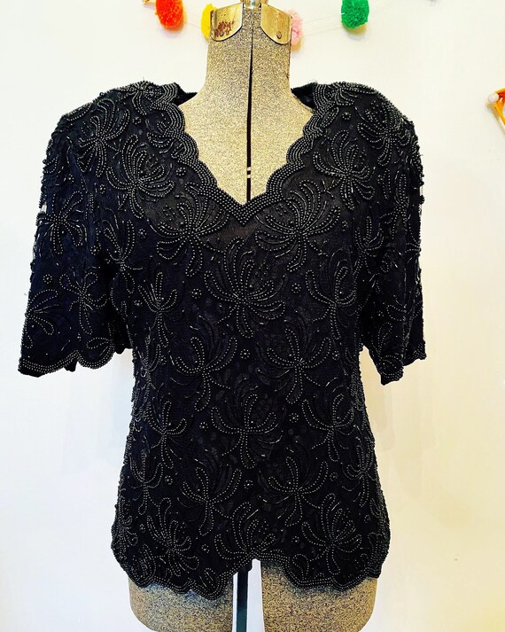 40s Black Rayon Beaded Blouse
