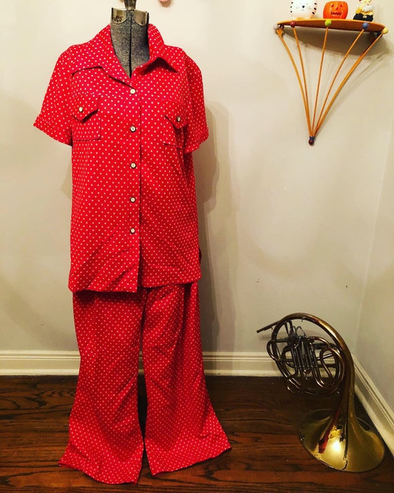 60s Red/Orange polka-dots | polyester Pants Suit