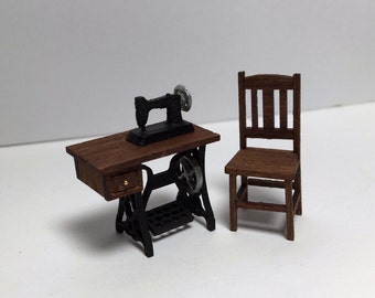 Quarter Inch Scale Sewing Machine with Sewing Table and Chair Kit (1:48) DIY Dollhouse Miniature