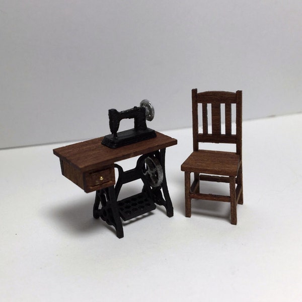 Quarter Inch Scale Sewing Machine with Sewing Table and Chair Kit (1:48) Dollhouse Miniature Accessory Furniture Antique Style