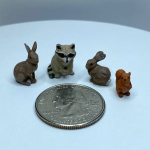 May include: Four miniature animal figurines: a brown rabbit, a raccoon with a black mask, a brown rabbit, and a brown squirrel. The figurines are arranged around a US quarter.