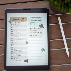 May include: A digital planner on a tablet screen with a daily schedule for Monday, 2nd August. The planner includes time slots, tasks, and a section for daily affirmations. The text on the screen reads "Today's Triumvirate: 1. Fill out client paperwork, 2. Work Out, 3. Start a Youtube Channel." and "Daily Affirmation: I am awesome. Today is made for the taking. Things will work out."