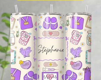 Nurse Tumbler Wrap PNG, 20oz Skinny Nurse Sublimation Design, Purple Personalized Nurse Gift, Custom Nursing Student Gift
