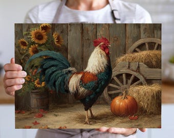 Descarga de diseño de tabla de cortar con sublimación floral de gallo rústico, PNG de tabla de cortar con pollo de granja, diseño digital de archivo de tabla de cortar