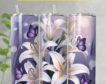 Envoltura para vaso con diseño de mariposa y flores moradas en 3D, descarga digital PNG, diseño delgado y recto para vaso, diseños florales delgados para sublimación de 20 oz